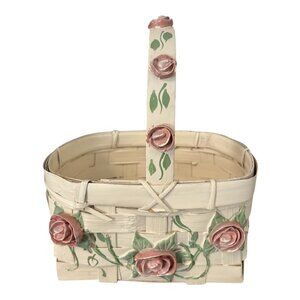 Vintage Hand-Painted Floral Wicker Basket with Pink Roses Cottage Decor